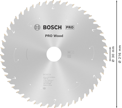 Cirkelsågklinga med märkning "Bosch PRO Wood", diameter 216 mm, håldiameter 30 mm.