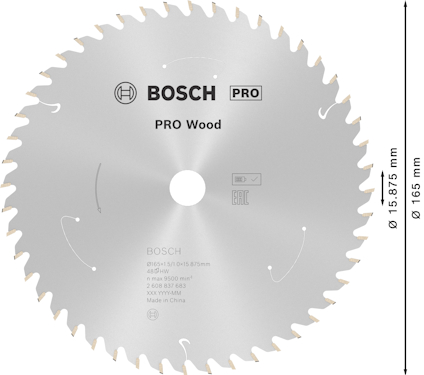 Cirkelsågklinga med texten "Bosch PRO Wood", 165 mm diameter, 52 tänder.