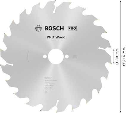 Cirkelsågklinga med Bosch-logotyp, text "PRO Wood". Diameter: 216 mm, håldiameter: 30 mm. 20 tänder.
