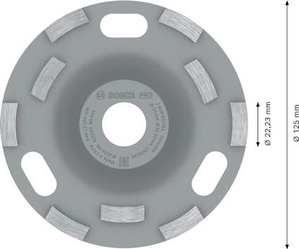 Rund grå slipplatta med sex silversegment och tre ovala hål. Diameter 125 mm, monteringshål 22,23 mm. Boschs logotyp synlig.
