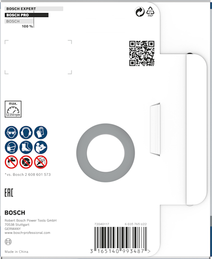 Förpackning för Bosch slipprodukt med säkerhetsikoner, text och QR-kod. Tillverkad i Kina av Robert Bosch Power Tools GmbH.