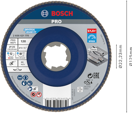 Rund sliprondell "Bosch PRO" med ett centralt hål och blå etikett, diameter Ø125mm.