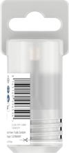 Transparent plastförpackning med etikett och streckkod. Skymtar ett metallföremål inuti. Text visar "Bosch Power Tools GmbH".