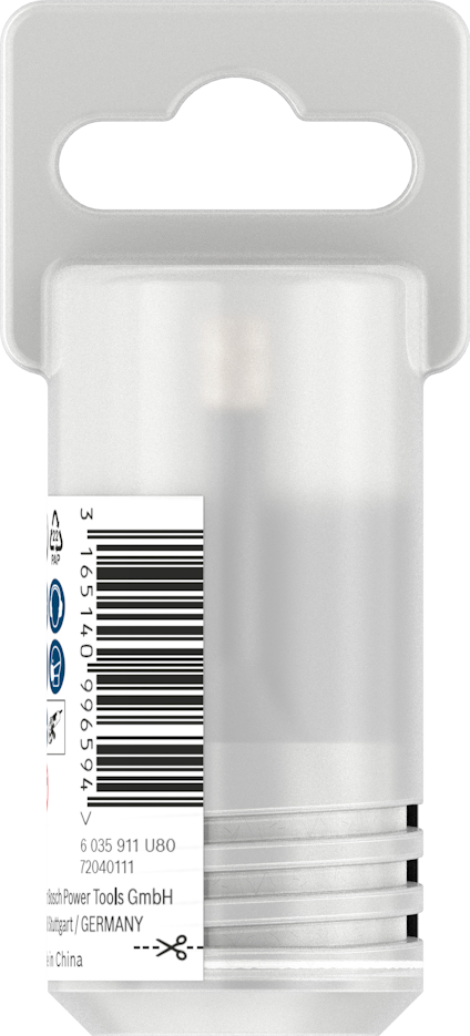 Transparent plastförpackning med etikett och streckkod. Skymtar ett metallföremål inuti. Text visar "Bosch Power Tools GmbH".