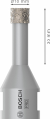 Diamantborr från Bosch PRO, silverfärgad, diameter 10 mm, längd 30 mm, med tryck: "Ø10 mm" och "30 mm".