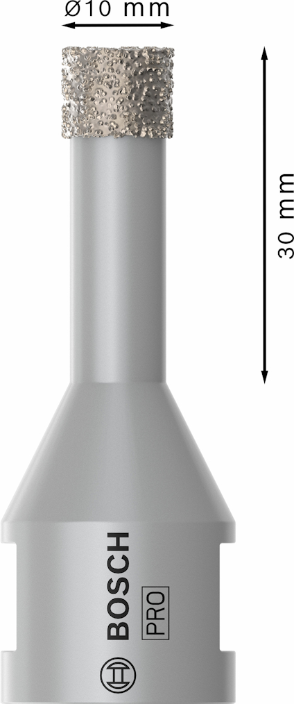 Diamantborr från Bosch PRO, silverfärgad, diameter 10 mm, längd 30 mm, med tryck: "Ø10 mm" och "30 mm".