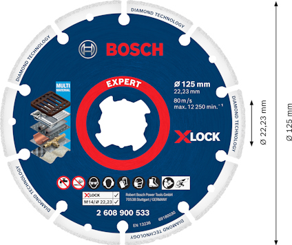 Diamantklinga med Bosch-logotyp, X-LOCK, 125 mm i diameter, för multimediamaterial. Maxi 22,23 mm. Serienummer 2 608 900 533.