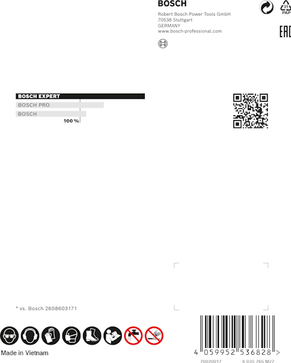 Förpackning med Bosch Expert. Text: "Made in Vietnam", EAC-symbol, QR-kod, streckkod, artikelnr 2608603171.