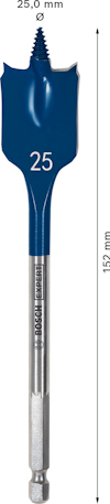 Borr med bred spets, märkt "25" och texten "Bosch Durablue," längd markerad som 152 mm och diameter 25,0 mm.
