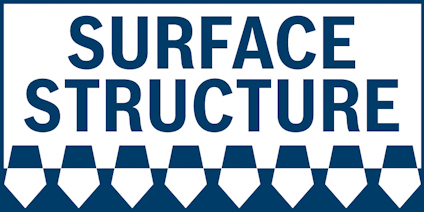 "Surface Structure" står med blå text på vit bakgrund, tillsammans med dekorativa former nedtill.