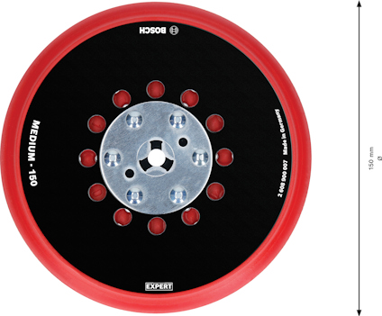 Röd cirkulär slipplatta, med texten "Bosch", "MEDIUM-150", "2 608 607 017" och "EXPERT". Diameter anges som 150 mm.