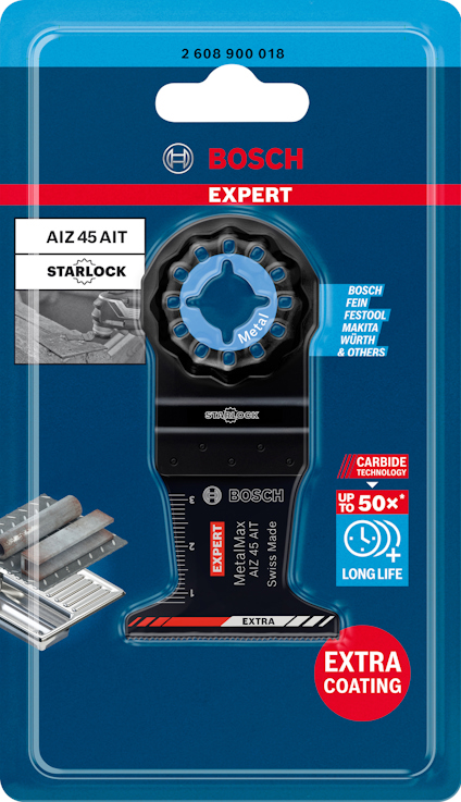 Förpackning med Bosch Expert AIZ 45 AIT sågblad, Starlock-fäste, karbidkant, extra beläggning.