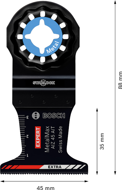 Stjärnformad metallklinga med "BOSCH", "Starlock", "MetalMax AIZ 45 AT" text och mått: 88 mm, 35 mm, 45 mm.