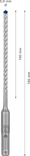 Borr med spiraldesign, 165 mm total längd och 100 mm arbetslängd, 5 mm diameter, markerad med "7X" på basen.
