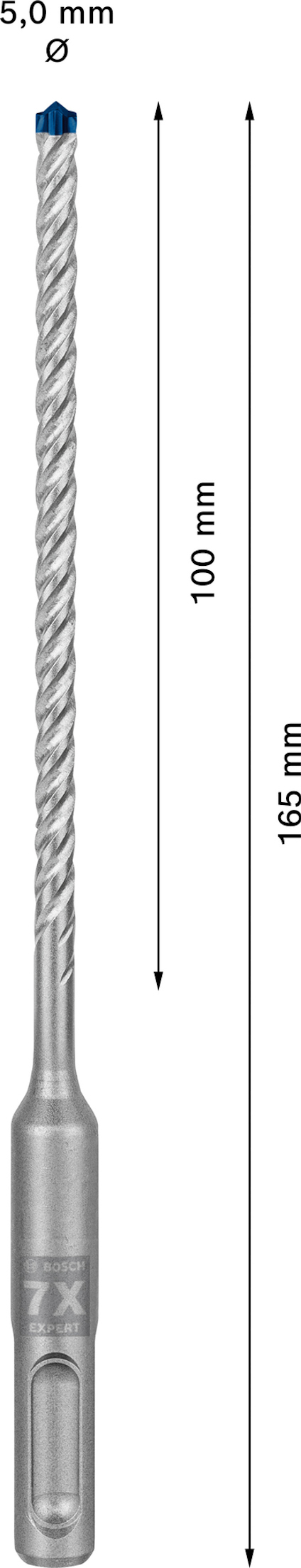 Borr med spiraldesign, 165 mm total längd och 100 mm arbetslängd, 5 mm diameter, markerad med "7X" på basen.