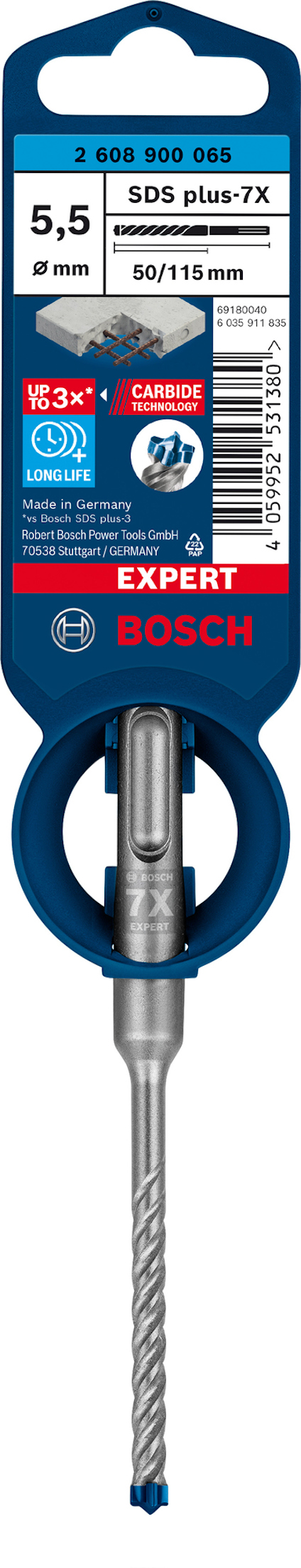 Borr med spiralformigt borrhuvud, etikett med text "SDS plus-7X" och "Expert BOSCH", storlek 5,5 mm.