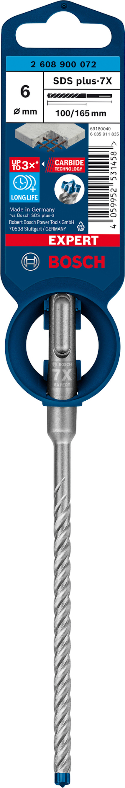 Borr med spiraldesign i förpackning märkt "Bosch Expert SDS plus-7X 6 mm, 100/165 mm".