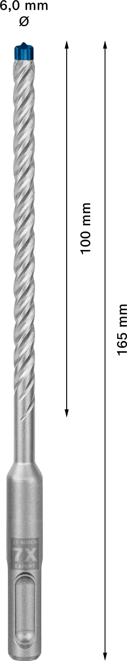 Borr med spiraldesign, längd 165 mm, arbetande längd 100 mm, diameter 6,0 mm, måttangivelser i millimeter.