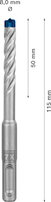 Borr med spiralformad skäryta, märkningar: "8,0 mm", "50 mm", "115 mm", och "7X" i silver.