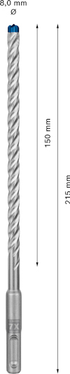 Metallborr med blå spets, längd 215 mm och diameter 8,0 mm.