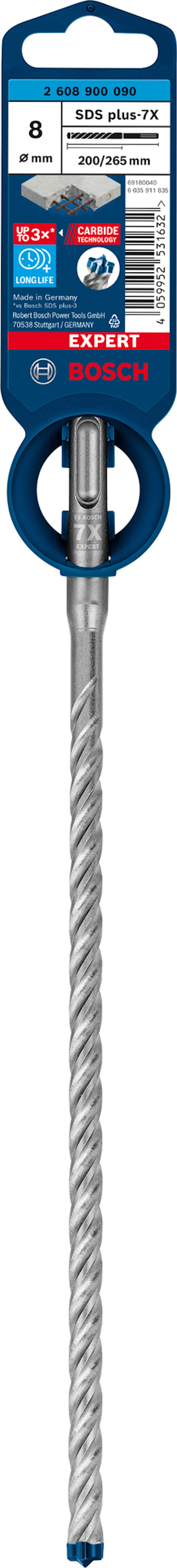 Borrlåda med en spiralborr från märket Bosch, etikett med produktinformation synlig högst upp.