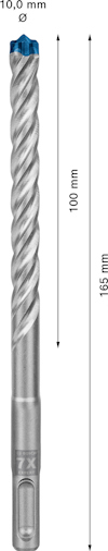 Borrbit av metall med blå spets och spiraldesign, markerad längd: 165 mm, arbetslängd: 100 mm, diameter: 10 mm.