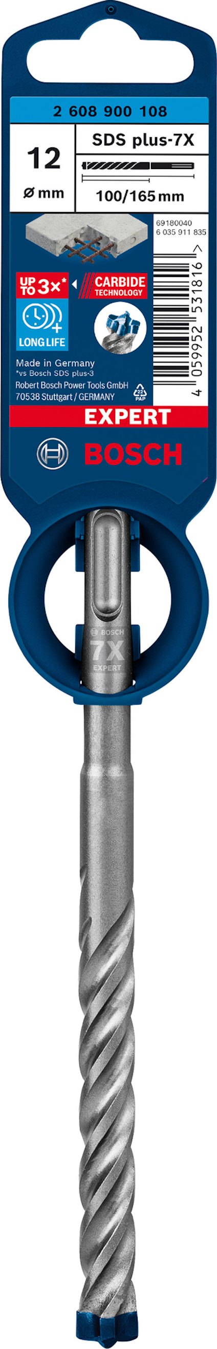 Borr med spiraldesign, förpackad med etikett som anger "12 mm SDS plus-7X". Märke: Bosch.