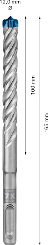 Borr med spiraldesign och blå spets. Text: "12,0 mm" diameter, "100 mm" arbetslängd, "165 mm" total längd.