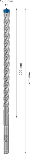 Borr med spiralformad design och blå spets. Totallängd 265 mm, arbetslängd 200 mm, diameter 12,0 mm. Pilar anger längder.