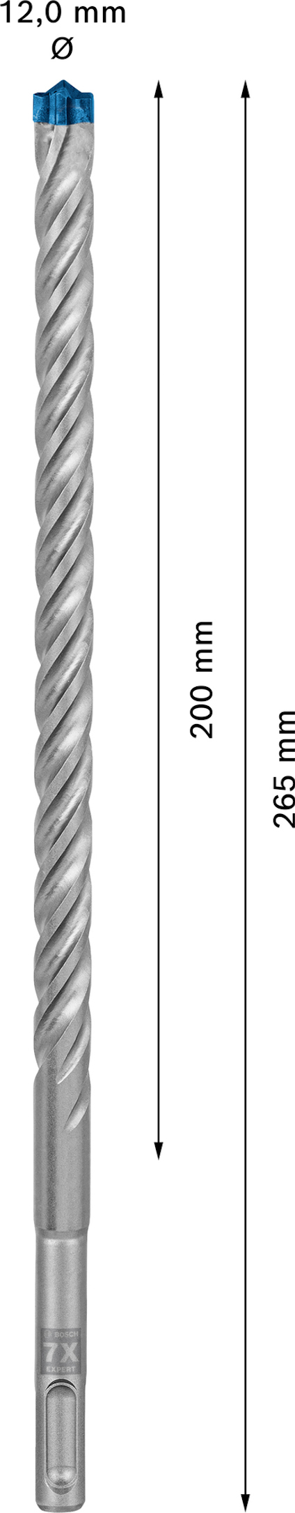 Borr med spiralformad design och blå spets. Totallängd 265 mm, arbetslängd 200 mm, diameter 12,0 mm. Pilar anger längder.