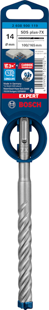 Borr från Bosch, SDS plus-7X, 14mm, 100/165mm, Expert-serie, med spiraldesign och märkning på förpackningen.