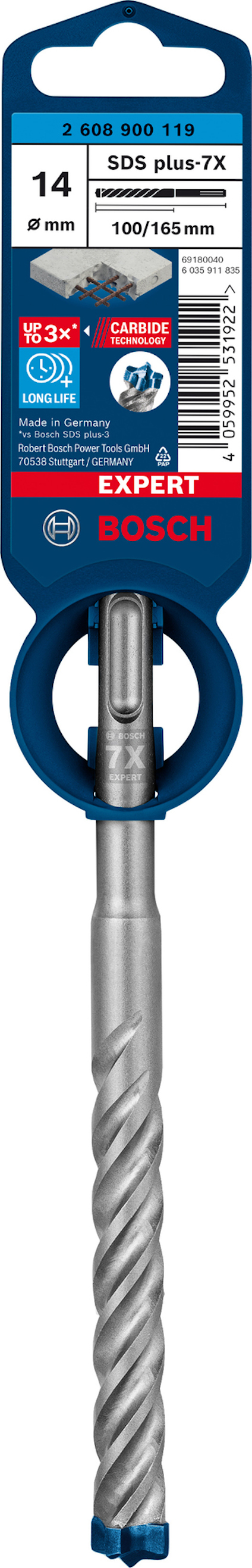 Borr från Bosch, SDS plus-7X, 14mm, 100/165mm, Expert-serie, med spiraldesign och märkning på förpackningen.