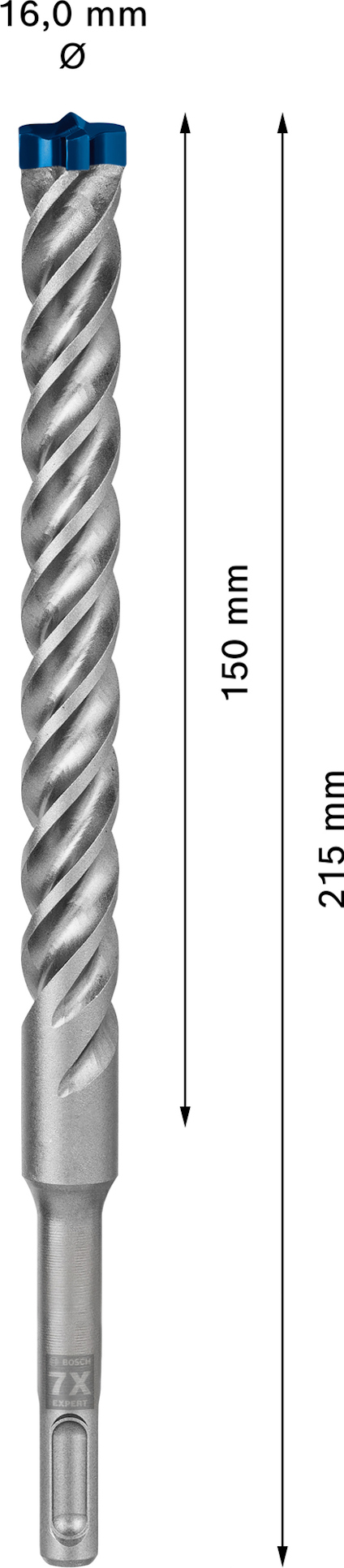 Borr med spiralmönster, blå topp, text "16,0 mm", "150 mm" och "215 mm". Vertikala pilmarkeringar längs borrens längd.