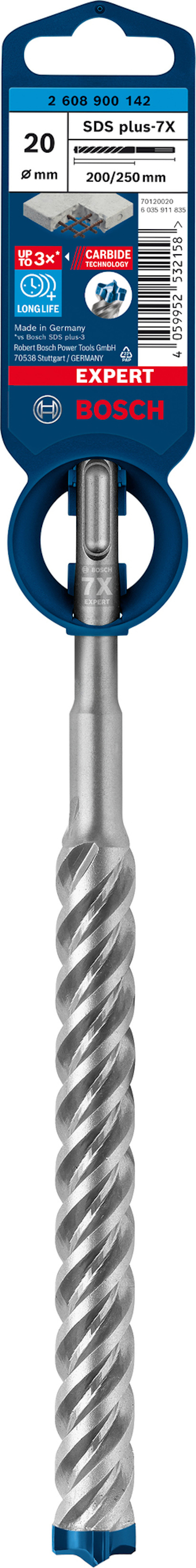 Borrskägg från Bosch, 20 mm diameter, 550 mm längd, med etikett och detaljer om produkten.