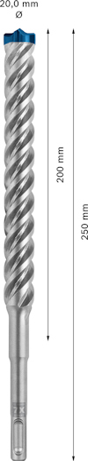 Spiralborr med blå spets, längd 250 mm, diameter 20 mm, märkt med måttangivelser för borrdjup 200 mm.