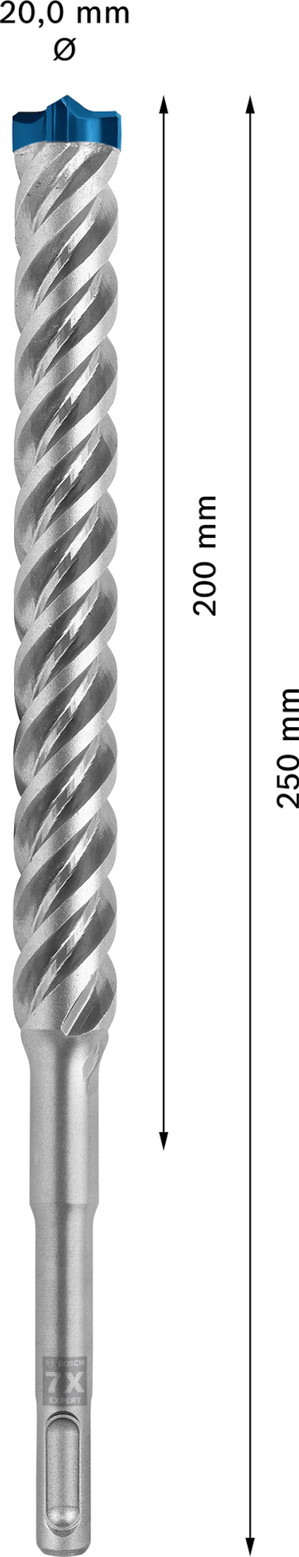 Spiralborr med blå spets, längd 250 mm, diameter 20 mm, märkt med måttangivelser för borrdjup 200 mm.