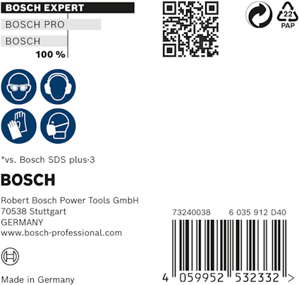Bosch förpackning med logotyp, QR-kod, återvinningssymbol, streckkod och adress i Stuttgart, Tyskland.