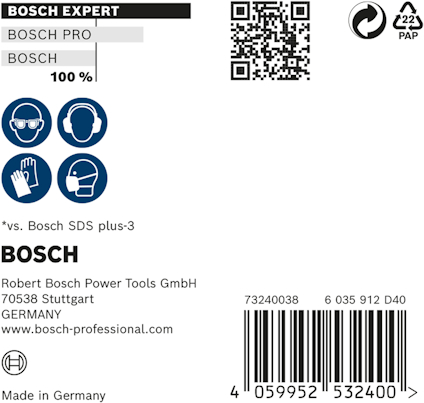 Förpackning med Bosch Expert borrbits. Innehåller QR-kod, Bosch-logotyp, CE-märke och streckkod. Tillverkad i Tyskland.