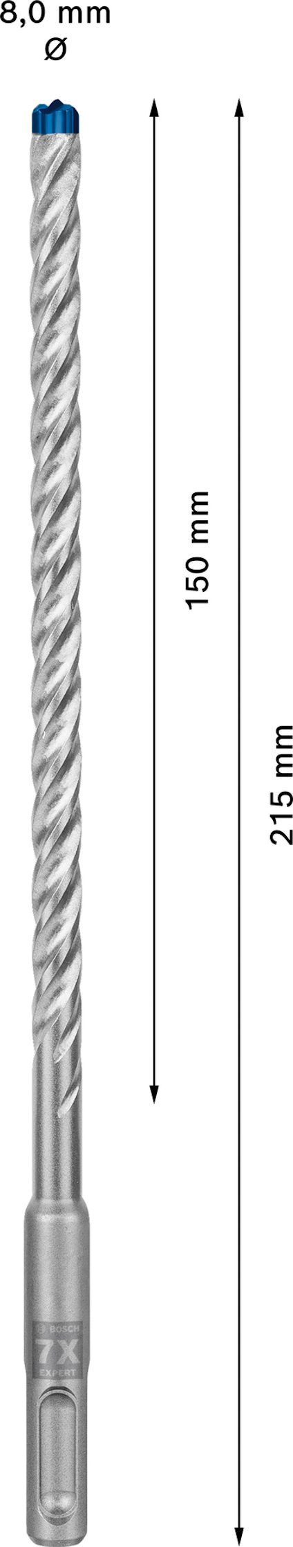 Borr med en total längd på 215 mm, arbetslängd 150 mm, och diameter 8,0 mm, med en spiralformad design.