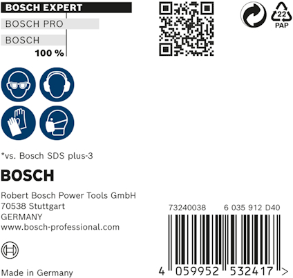 Etikett för Bosch Expert SDS plus-3 borrar med streckkod och QR-kod. Varningssymboler för hörselskydd och skyddshandskar.
