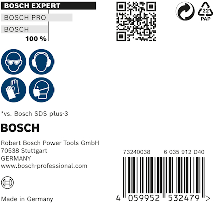 Förpackningsetikett för Bosch med QR-kod, streckkod och information om Bosch SDS plus-3.
