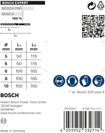 Förpackning och specifikationer för Bosch Expert borr, varumärke Bosch.