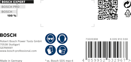Etikett med streckkod, QR-kod, Bosch-logotyp, säkerhetspiktogram och text om Bosch Power Tools i Tyskland.