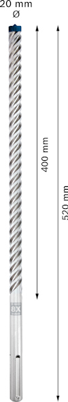Borr med spiraldesign, 20 mm diameter, 520 mm längd, och en märkning "8X" nära basen.