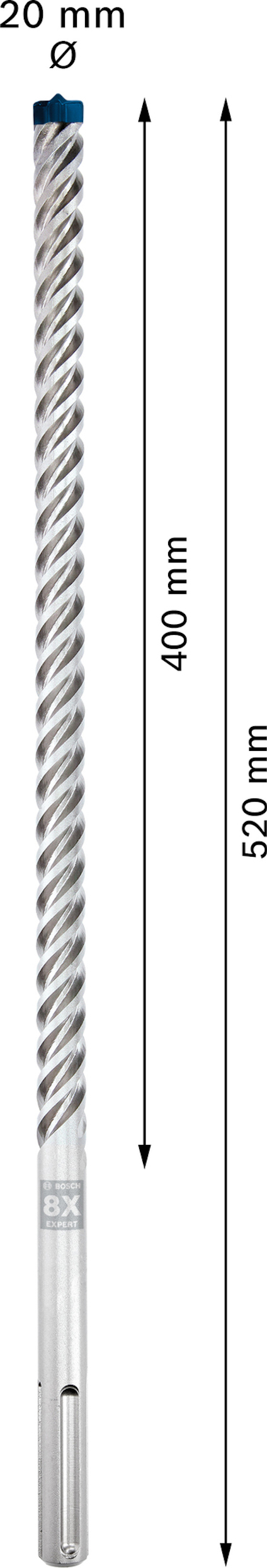 Borr med spiraldesign, 20 mm diameter, 520 mm längd, och en märkning "8X" nära basen.