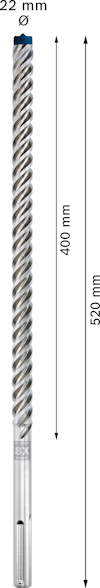 Borr med spiraldesign, silverfärg, 22 mm diameter, 520 mm längd markerad med pilar och mått.