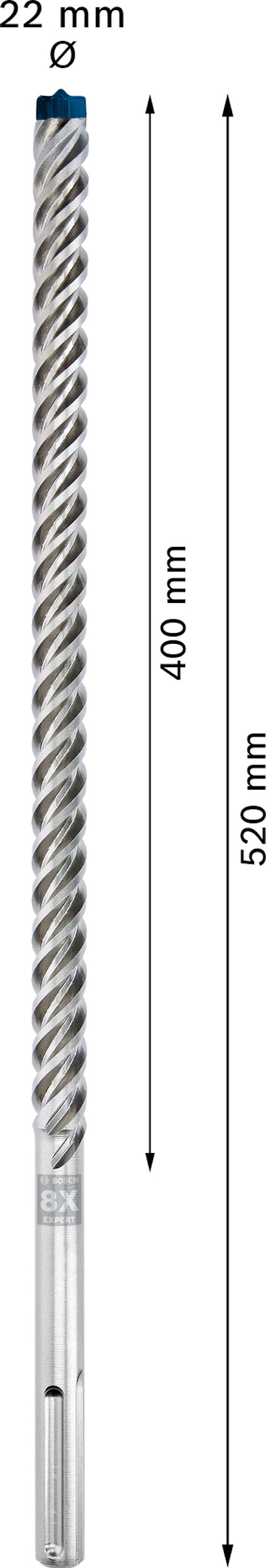 Borr med spiraldesign, silverfärg, 22 mm diameter, 520 mm längd markerad med pilar och mått.