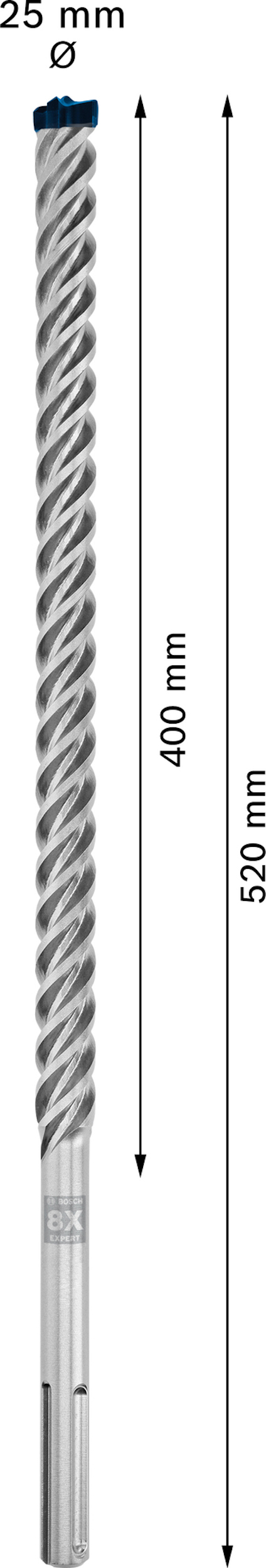 Borrskaft med spiraldesign och specifikationer 25 mm diameter, 400 mm längd och total längd 520 mm.