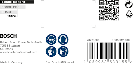 Etikett från Bosch med QR-kod, återvinningssymbol, och varning för säkerhetsutrustning. Text: "Bosch Expert, Bosch Pro, Bosch."