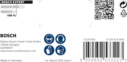Etikett med QR-kod, Bosch-logotyp och text om Bosch Expert och Bosch Pro. Information om tillverkare och tillverkningsland.